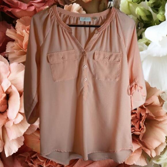 New York & Company small peach 3/4 sleeve polyester woman's casual blouse. - Picture 1 of 1